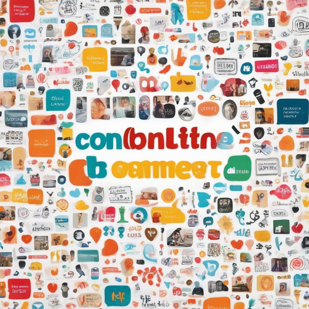 An engaging collage of various user-generated content elements such as blog posts, comments, and social media interactions, set against a vibrant community backdrop. Showcase a diverse group of bloggers collaborating and sharing ideas, surrounded by colorful icons of engagement like thumbs up and shares. Include bright and inviting colors to create a sense of community and collaboration. super-realistic. vibrant colors. white background.