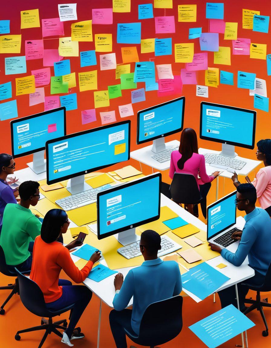 A lively scene depicting diverse individuals collaborating around laptops, surrounded by colorful sticky notes and digital screens displaying diverse blog articles. In the background, a bright, welcoming virtual community space is filled with vibrant illustrations symbolizing creativity and collaboration. Include animated elements like chat bubbles and social media icons floating around, representing user engagement. super-realistic. vibrant colors. 3D.