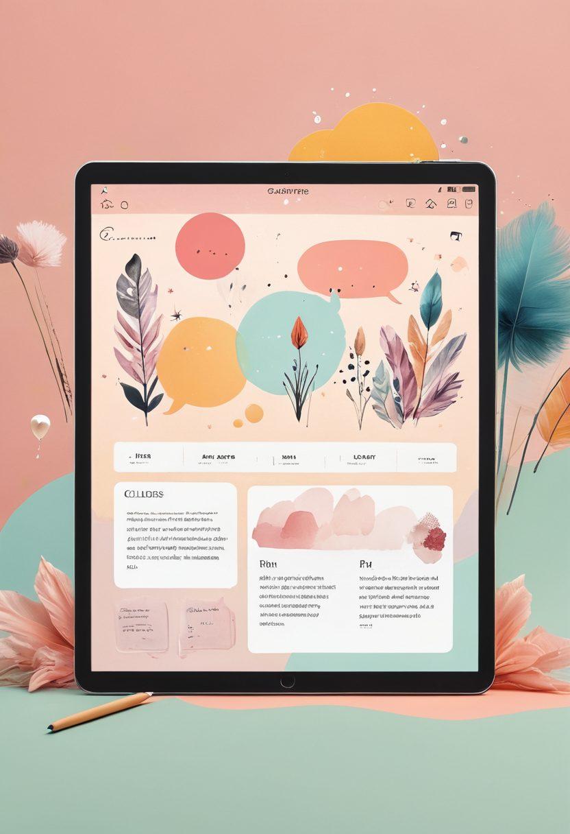 A visually inviting online diary interface, showcasing a diverse group of people joyfully sharing their stories, with floating speech bubbles containing snippets of engaging entries. The background features soft pastel colors and decorative elements like quills and ink bottles, symbolizing creativity and expression. Add a digital tablet at the foreground with dynamic entries being submitted in real-time. dreamy and whimsical style. vibrant colors.